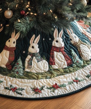 Cream Christmas Tree Skirt With Rabbits In Plaid Scarves — Cozy Quilted Holiday Skirt For Country & Cottage Homes