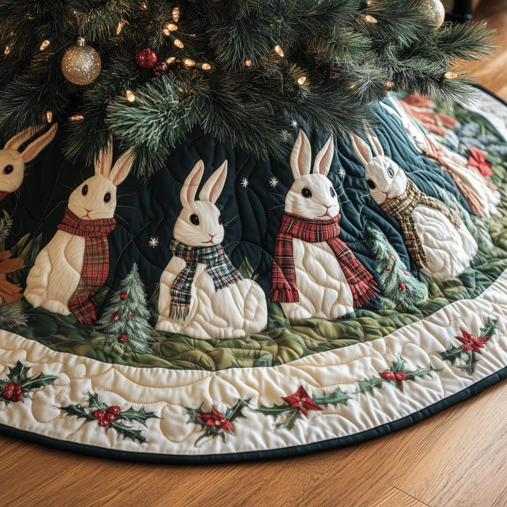 Cream Christmas Tree Skirt With Rabbits In Plaid Scarves — Cozy Quilted Holiday Skirt For Country & Cottage Homes