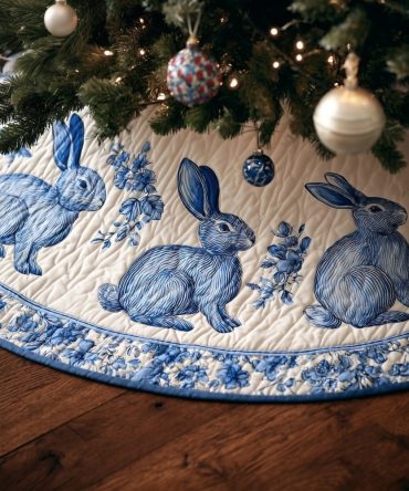 Blue Toile Rabbit Christmas Tree Skirt On Ivory — Elegant Vintage-Inspired Holiday Skirt, Custom Sizing Available