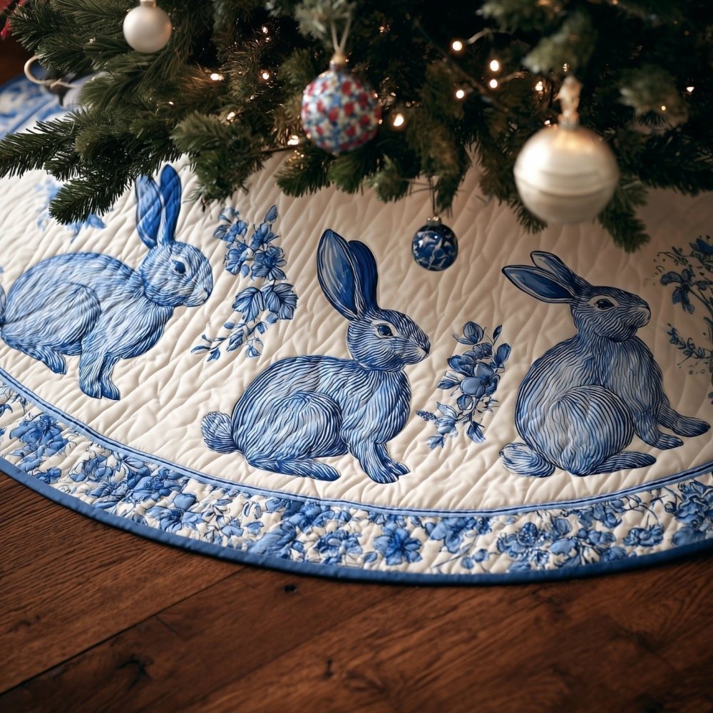 Blue Toile Rabbit Christmas Tree Skirt On Ivory — Elegant Vintage-Inspired Holiday Skirt, Custom Sizing Available