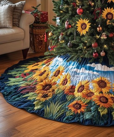 Sunflower Field Christmas Tree Skirt — Bright Floral Holiday Decor, Sunny Quilted Farmhouse Style, Custom Handmade Tree Mat For Home