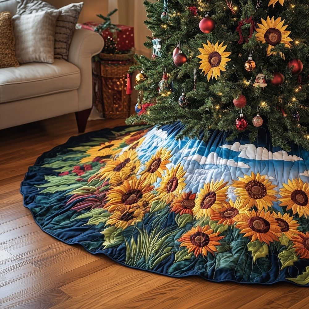 Sunflower Field Christmas Tree Skirt — Bright Floral Holiday Decor, Sunny Quilted Farmhouse Style, Custom Handmade Tree Mat For Home