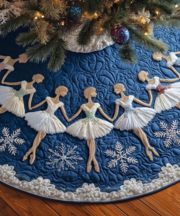 Snowflake Ballerina Blue Christmas Tree Skirt — Handmade Custom Holiday Skirt With Delicate Ballet & Winter Snow Motif