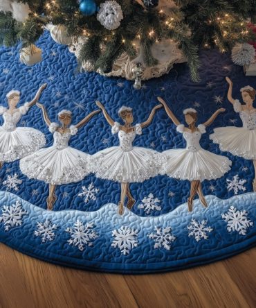 Winter Blue Ballerina Ring Christmas Tree Skirt — Custom Handmade Dance-Themed Holiday Skirt With Elegant Ballet Motif