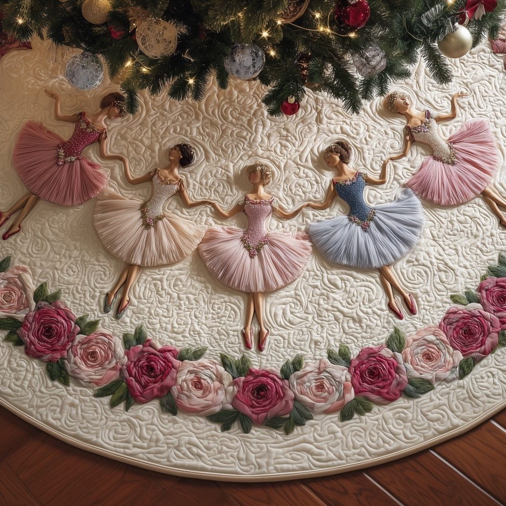 Pink Ballerina Christmas Tree Skirt With Roses — Handcrafted Ballet-Themed Holiday Skirt For Girls & Dance Fans