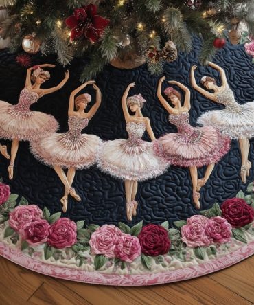 Black & Pink Ballerina Christmas Tree Skirt With Rose Accents — Bold Ballet-Themed Holiday Skirt, Custom Sizes