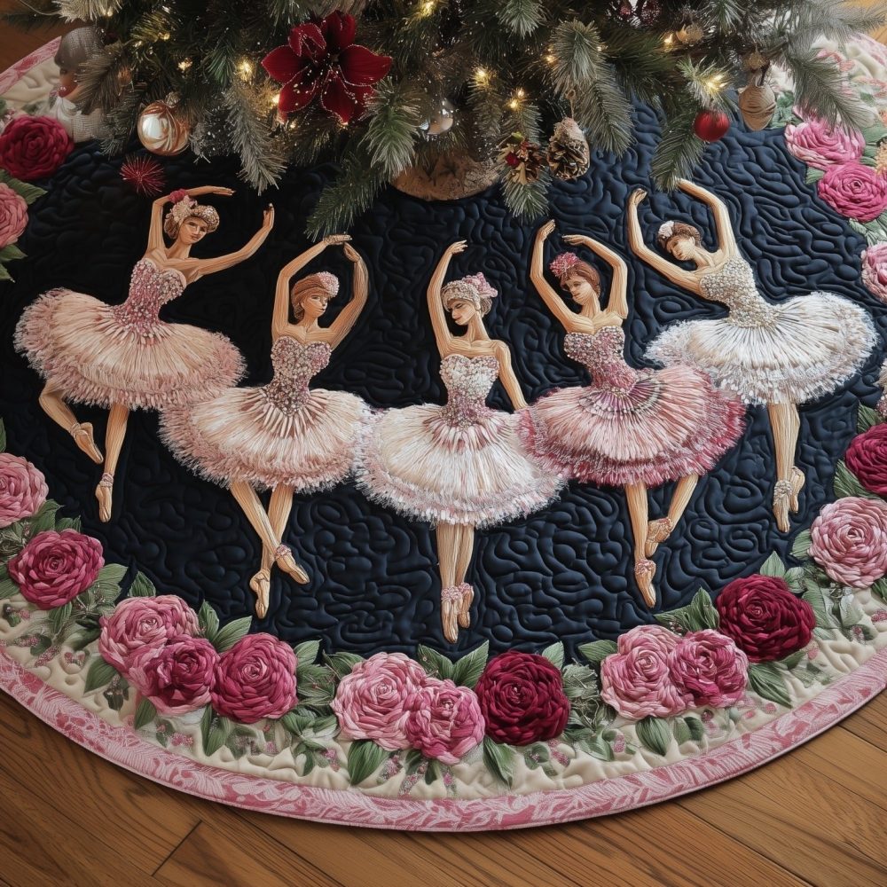Black & Pink Ballerina Christmas Tree Skirt With Rose Accents — Bold Ballet-Themed Holiday Skirt, Custom Sizes