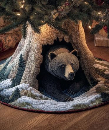 Black Bear Snowy Den Christmas Tree Skirt — Custom Quilted Holiday Skirt With Cozy Woodland Illustration