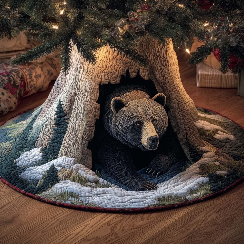 Black Bear Snowy Den Christmas Tree Skirt — Custom Quilted Holiday Skirt With Cozy Woodland Illustration