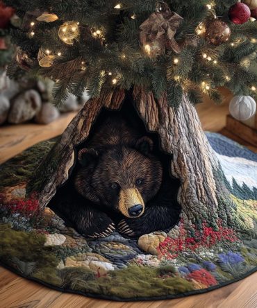 Rustic Bear In Tree Hollow Christmas Tree Skirt With Berries — Handcrafted Woodland Holiday Accent, Custom Sizes