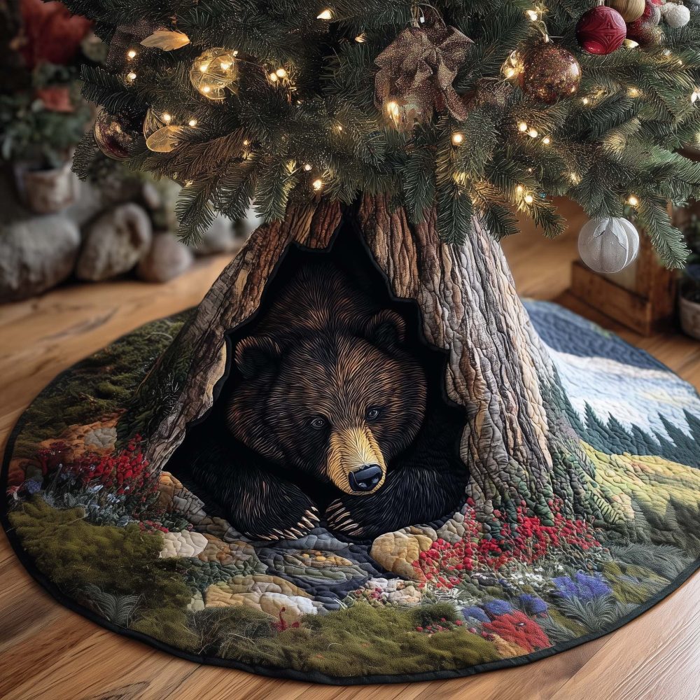 Rustic Bear In Tree Hollow Christmas Tree Skirt With Berries — Handcrafted Woodland Holiday Accent, Custom Sizes