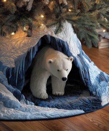 Arctic Polar Cave Christmas Tree Skirt — Cozy Winter Wildlife Scene, Plush Quilted Holiday Decor, Custom Sizes For Scandinavian Homes