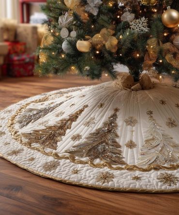 Ivory Quilted Christmas Tree Skirt With Delicate Gold Snowflakes — Elegant Holiday Skirt In Multiple Sizes