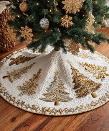 Ivory Quilted Christmas Tree Skirt With Elegant Gold Pine Trees — Luxury Holiday Home Accent, Custom Sizes