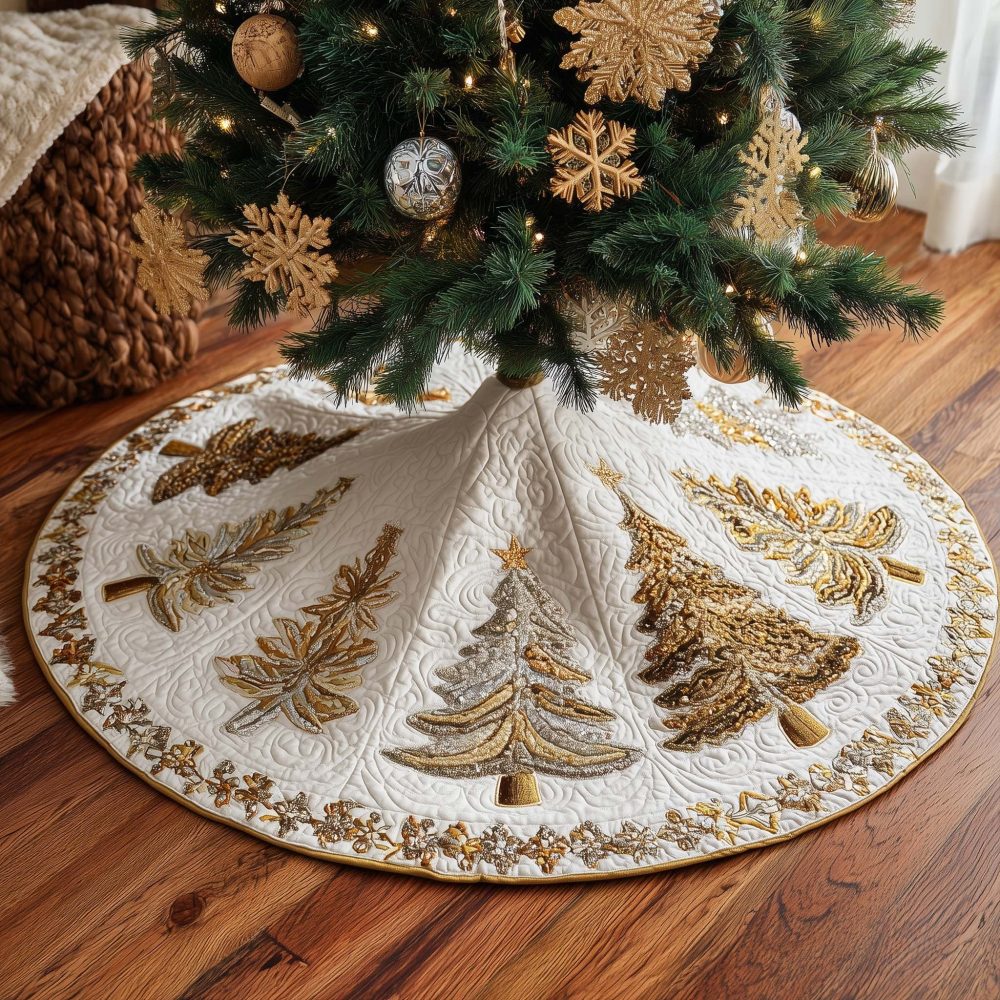 Ivory Quilted Christmas Tree Skirt With Elegant Gold Pine Trees — Luxury Holiday Home Accent, Custom Sizes