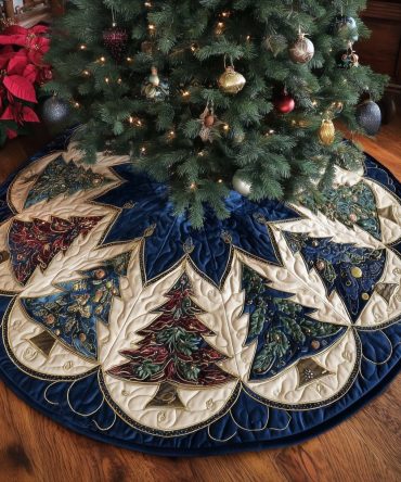 Navy & Gold Star-Point Tree Christmas Tree Skirt — Custom Handmade Holiday Skirt With Star Motif And Luxe Gold Trim