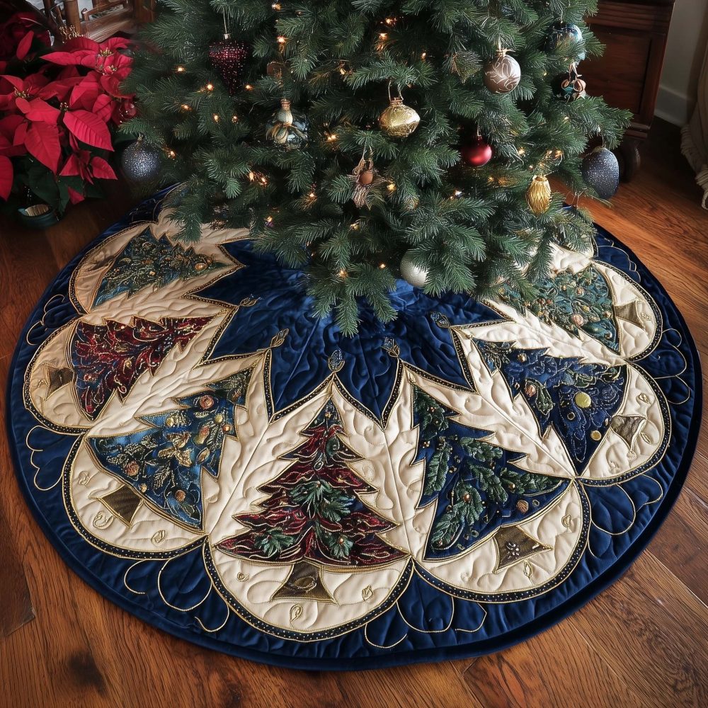 Navy & Gold Star-Point Tree Christmas Tree Skirt — Custom Handmade Holiday Skirt With Star Motif And Luxe Gold Trim