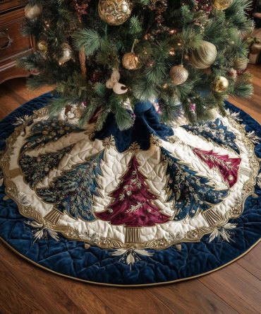Handcrafted Peacock Fan Medallion Christmas Tree Skirt — Elegant Custom Holiday Skirt With Vibrant Teal & Gold Accents