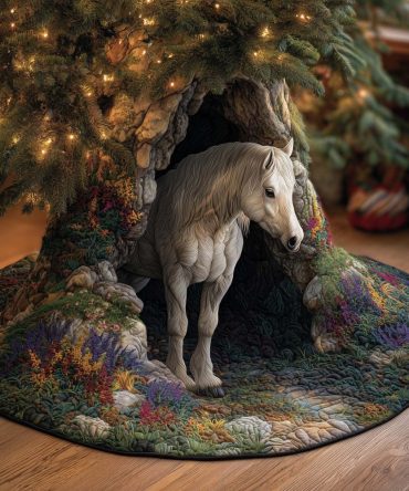 White Horse In Winter Woods Christmas Tree Skirt — Handmade Equestrian Holiday Decor, Custom Sizes For Cozy Seasonal Styling