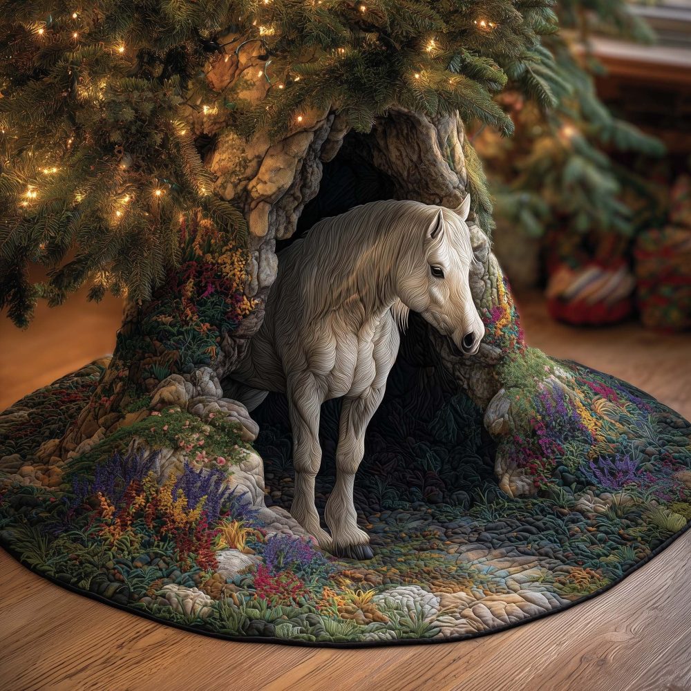 White Horse In Winter Woods Christmas Tree Skirt — Handmade Equestrian Holiday Decor, Custom Sizes For Cozy Seasonal Styling