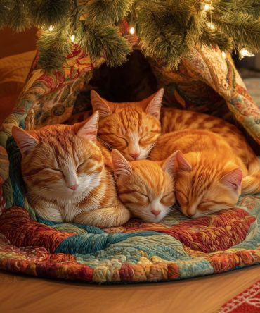 Sleeping Ginger Cats Teal Christmas Tree Skirt — Custom Quilted Holiday Skirt For Cat Lovers & Festive Rooms