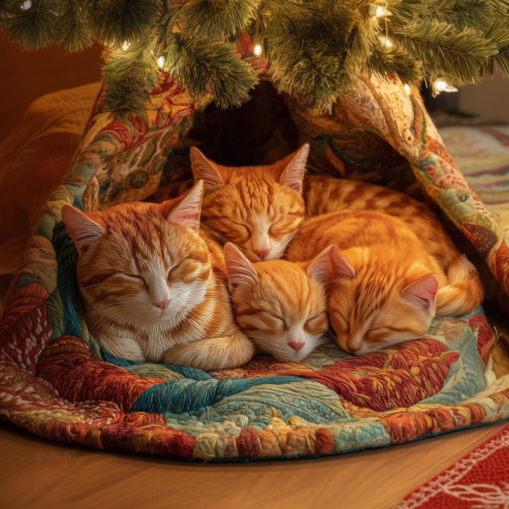 Sleeping Ginger Cats Teal Christmas Tree Skirt — Custom Quilted Holiday Skirt For Cat Lovers & Festive Rooms