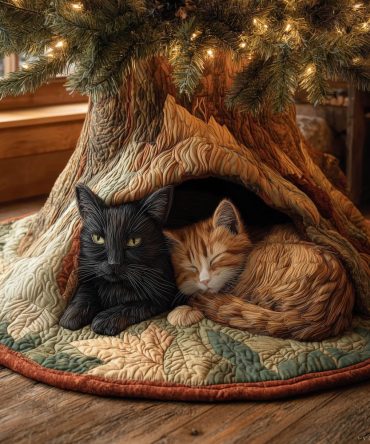Curled Black & Ginger Cats Quilted Christmas Tree Skirt — Handcrafted Cozy Feline Holiday Skirt, Charming Pet-Themed Decor