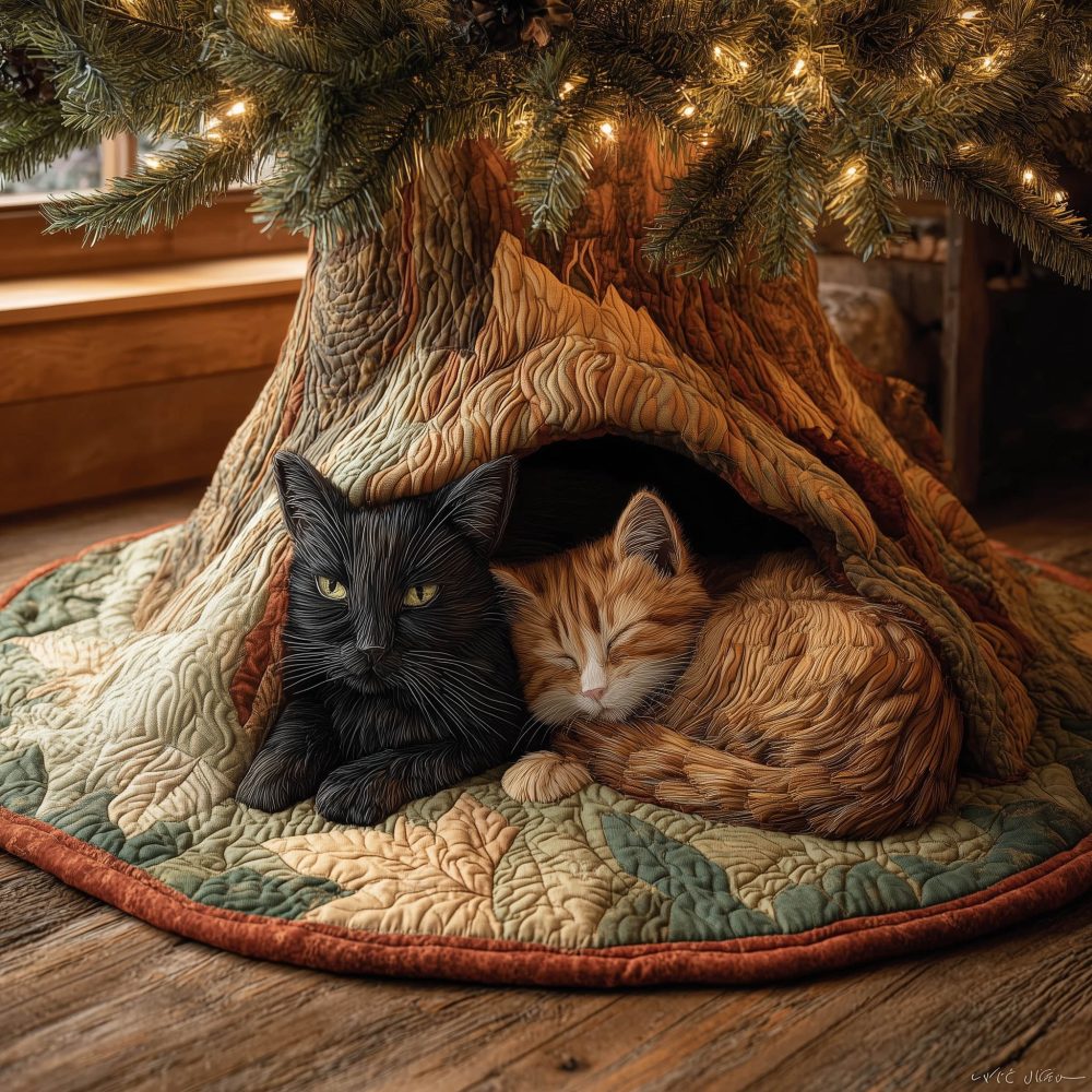 Curled Black & Ginger Cats Quilted Christmas Tree Skirt — Handcrafted Cozy Feline Holiday Skirt, Charming Pet-Themed Decor