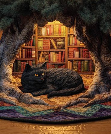 Handcrafted Black Cat Christmas Tree Skirt With Cozy Library Scene — Custom Holiday Tree Decor For Cat Lovers