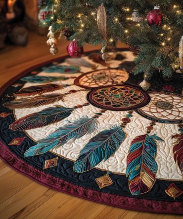 Dreamcatcher Teal & Red Feathers Christmas Tree Skirt — Handcrafted Boho Holiday Skirt With Vibrant Southwestern Motifs, Custom Options