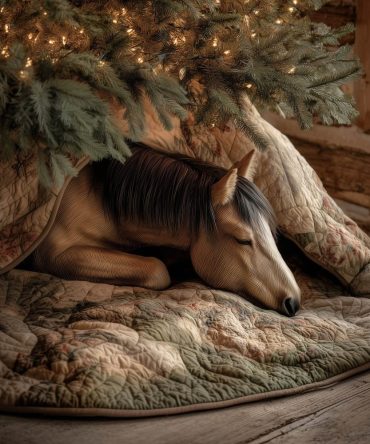 Cozy Brown Horse Sleeping In Log Christmas Tree Skirt — Handcrafted Rustic Equine Holiday Skirt, Quilted Cabin Decor