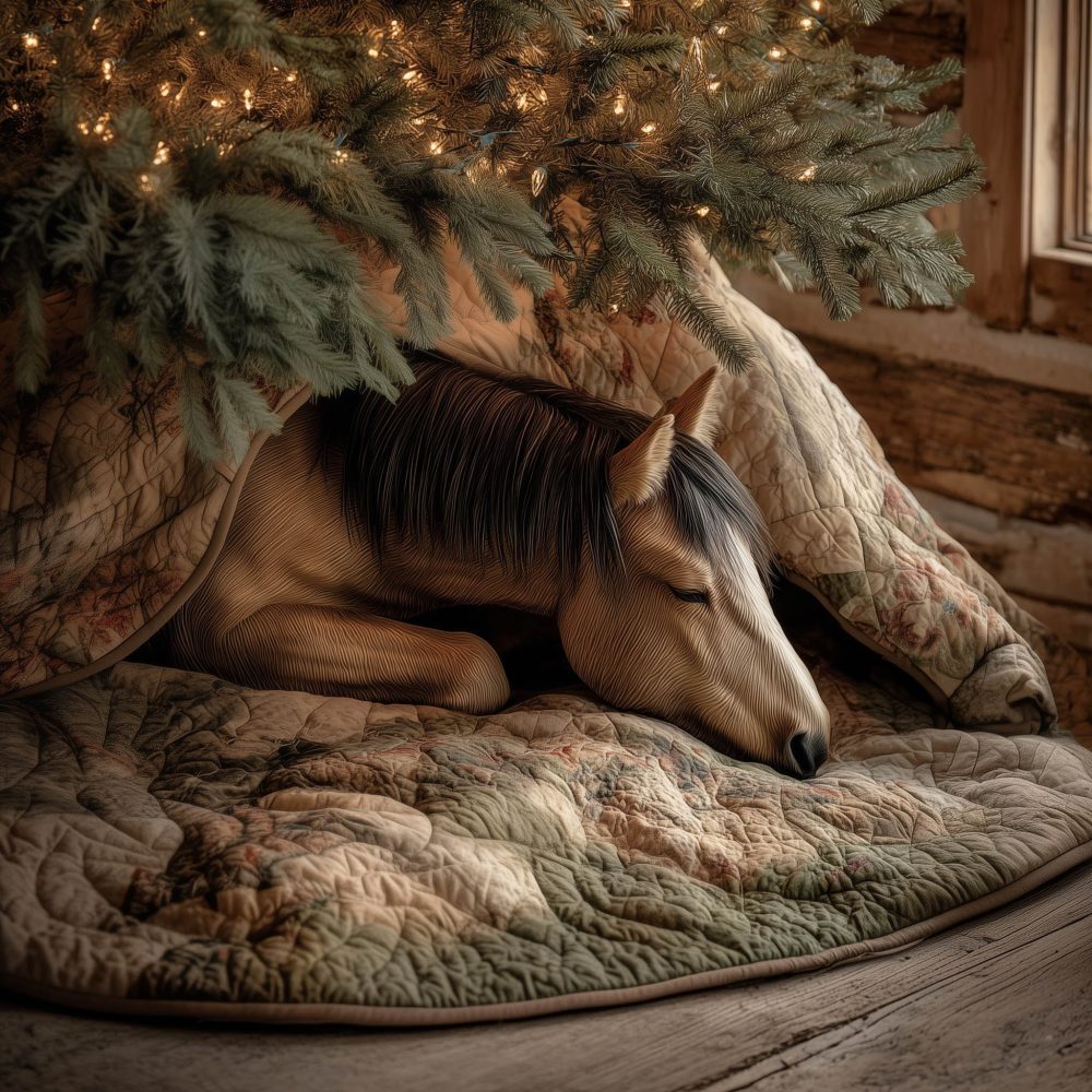 Cozy Brown Horse Sleeping In Log Christmas Tree Skirt — Handcrafted Rustic Equine Holiday Skirt, Quilted Cabin Decor