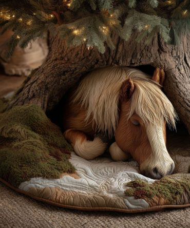 Palomino Horse On Green Moss Quilted Christmas Tree Skirt — Handcrafted Rustic Equine Holiday Skirt, Nature-Inspired Decor