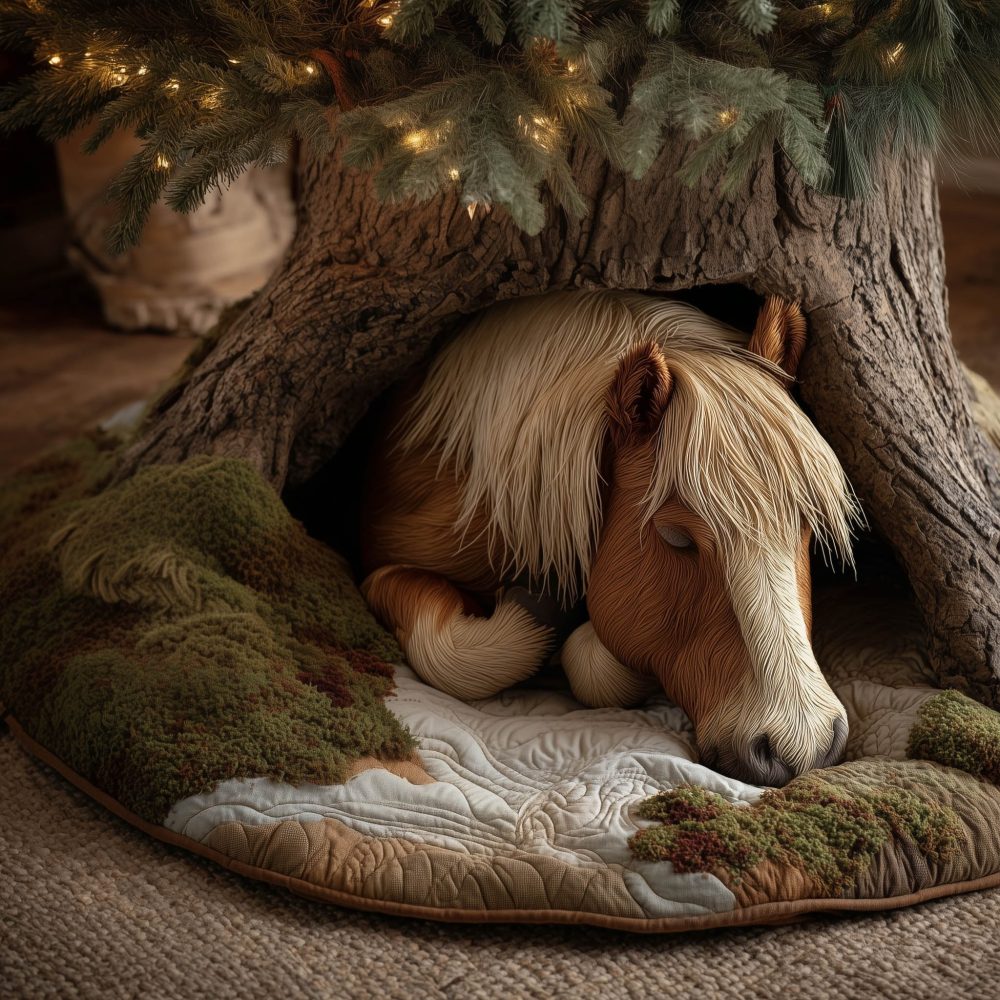 Palomino Horse On Green Moss Quilted Christmas Tree Skirt — Handcrafted Rustic Equine Holiday Skirt, Nature-Inspired Decor