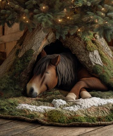 Rustic Horse Sleeping In Tree Hollow Christmas Tree Skirt — Handcrafted Woodland Equine Holiday Skirt, Custom Made Home Decor