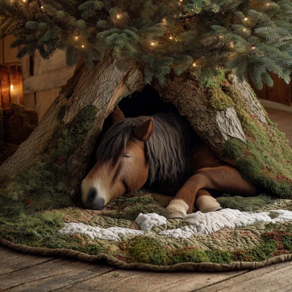 Rustic Horse Sleeping In Tree Hollow Christmas Tree Skirt — Handcrafted Woodland Equine Holiday Skirt, Custom Made Home Decor
