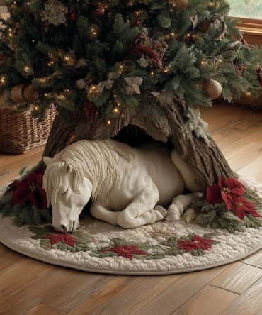 White Horse With Red Poinsettias Christmas Tree Skirt — Handcrafted Elegant Equine Holiday Skirt With Festive Floral Accents