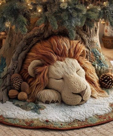 Elegant Sleeping Lion Quilted Christmas Tree Skirt On White — Handcrafted Luxury Holiday Skirt, Soft Quilted Pet-Themed Decor