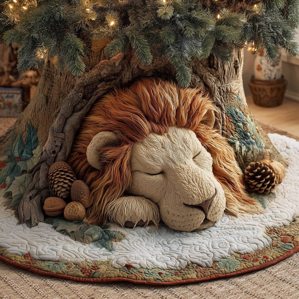 Elegant Sleeping Lion Quilted Christmas Tree Skirt On White — Handcrafted Luxury Holiday Skirt, Soft Quilted Pet-Themed Decor