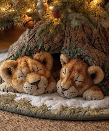 Adorable Sleeping Lion Cubs Christmas Tree Skirt — Handcrafted Wildlife Holiday Skirt With Quilted Comfort, Custom Personalization Available