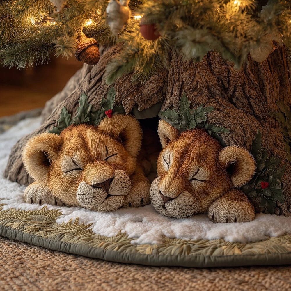 Adorable Sleeping Lion Cubs Christmas Tree Skirt — Handcrafted Wildlife Holiday Skirt With Quilted Comfort, Custom Personalization Available