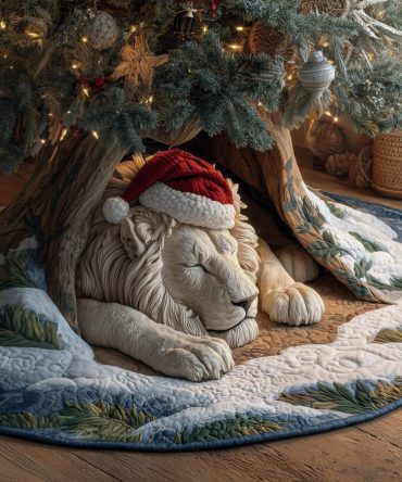 Handcrafted Lion Christmas Tree Skirt With Festive Santa Hat Artwork — Custom Holiday Tree Skirt, Luxury Wildlife Decor