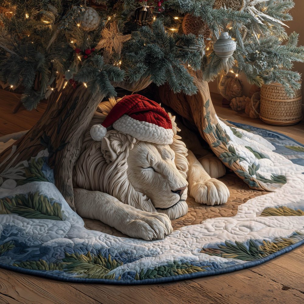Handcrafted Lion Christmas Tree Skirt With Festive Santa Hat Artwork — Custom Holiday Tree Skirt, Luxury Wildlife Decor