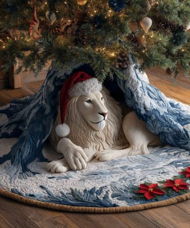 Custom White Lion Christmas Tree Skirt With Santa Hat Illustration — Premium Handcrafted Holiday Skirt For Elegant Wildlife Decor