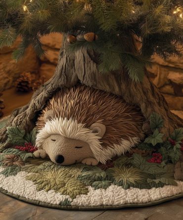 Sleeping Hedgehog On Green Moss Christmas Tree Skirt — Handmade Custom Holiday Décor, Woodland & Cottage Style Tree Skirt