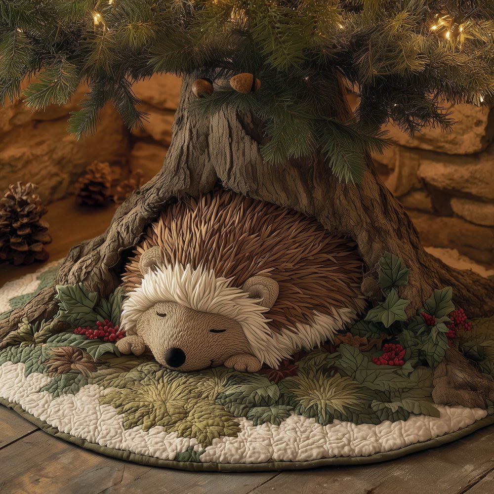 Sleeping Hedgehog On Green Moss Christmas Tree Skirt — Handmade Custom Holiday Décor, Woodland & Cottage Style Tree Skirt