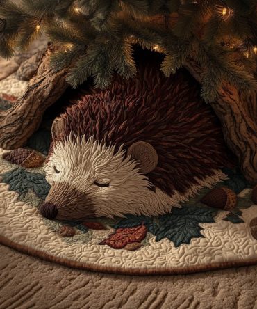 Adorable Hedgehog Curled On Autumn Leaves Christmas Tree Skirt — Handmade Custom Fall-To-Winter Holiday Décor, Cozy Cottage Style