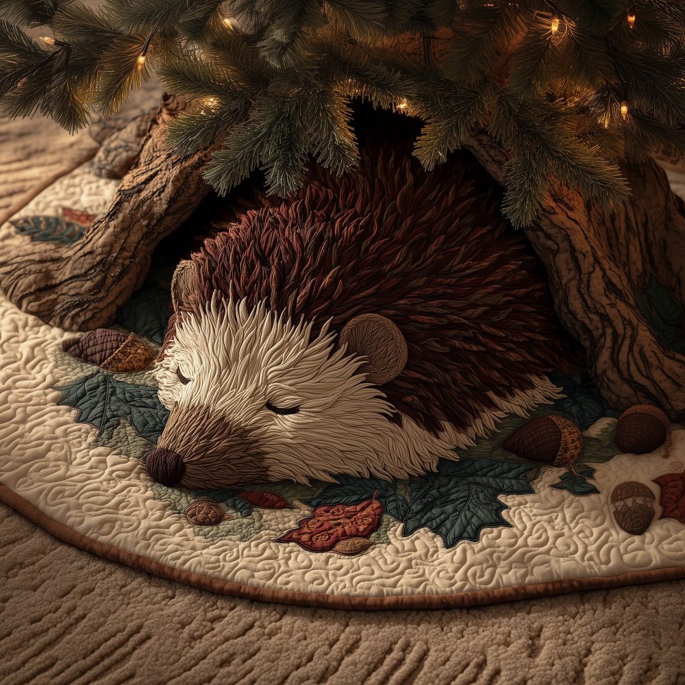 Adorable Hedgehog Curled On Autumn Leaves Christmas Tree Skirt — Handmade Custom Fall-To-Winter Holiday Décor, Cozy Cottage Style
