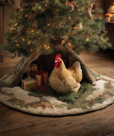 Hen With Gifts In The Log Christmas Tree Skirt — Handmade Custom Rustic Holiday Décor, Charming Farmhouse Tree Skirt