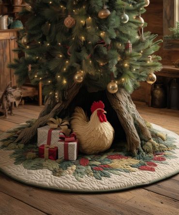 Festive Rooster With Gifts Under The Tree Christmas Tree Skirt — Handmade Custom Holiday Skirt, Farmhouse & Rustic Décor